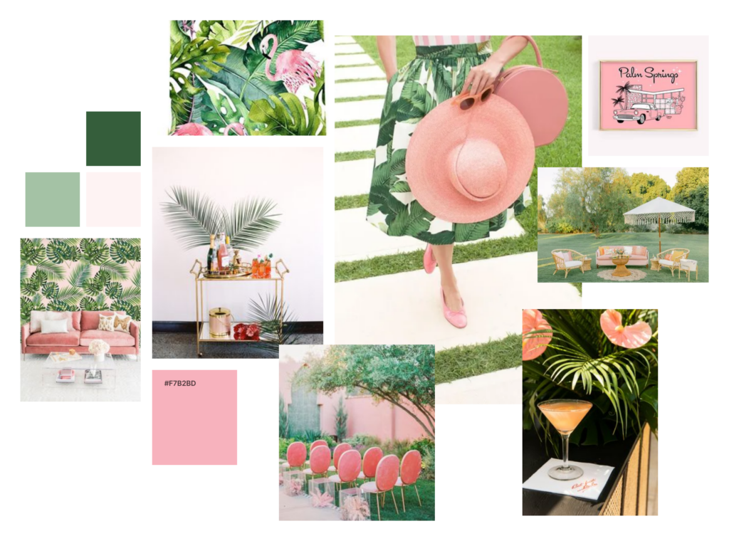 Mood Board image of Palm Springs style using colours of pink and green.
